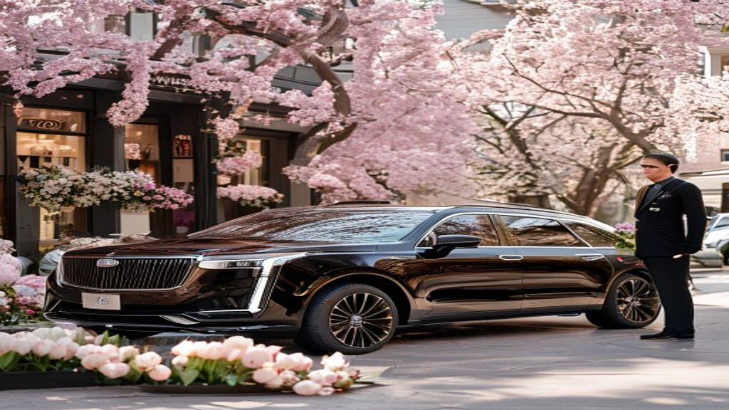 Chicago Mother's Day luxury Cadillac SUV service with spring tulip and peony bouquet
