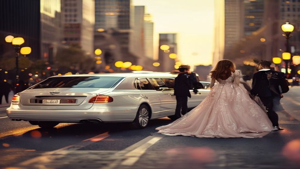 Chicago prom limo service - white stretch limousine on the Magnificent Mile at golden hour